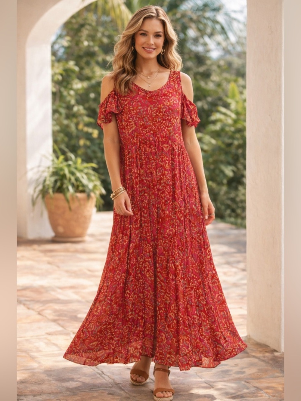 Soft Surroundings Red Floral Cold Shoulder Maxi Dress